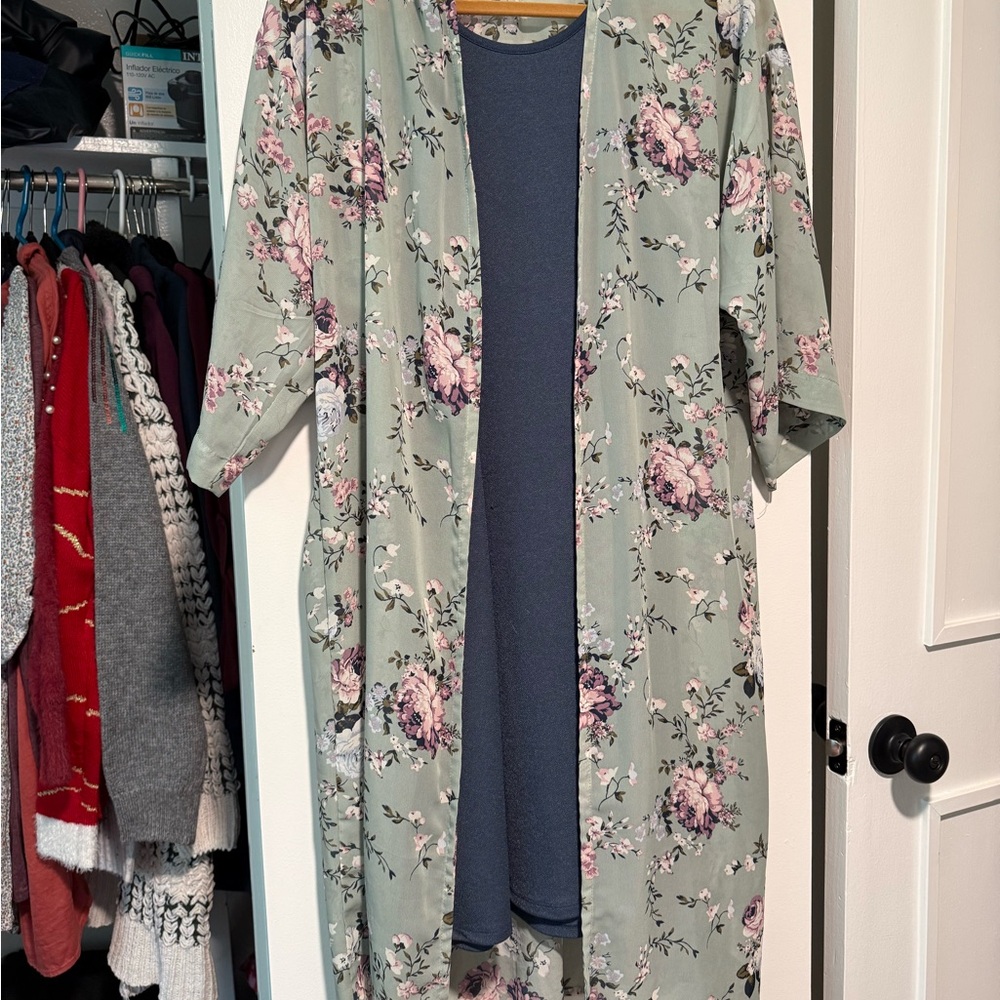 Floral Kimono Cardigan and Spaghetti Strap Dress